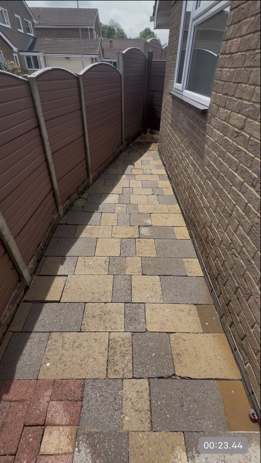 Side path before and after deep clean — moss and staining removed